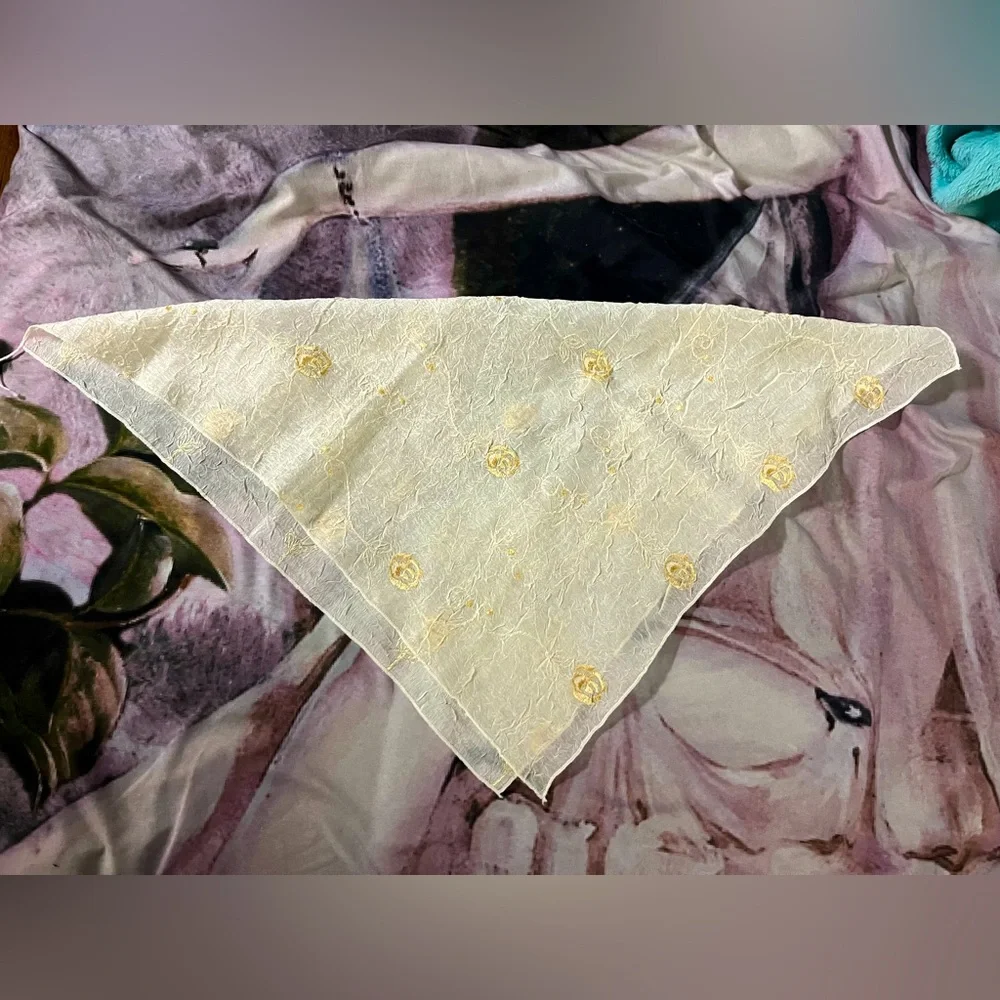Vintage White/Cream Handkerchief/Scarf w/ Gold Roses